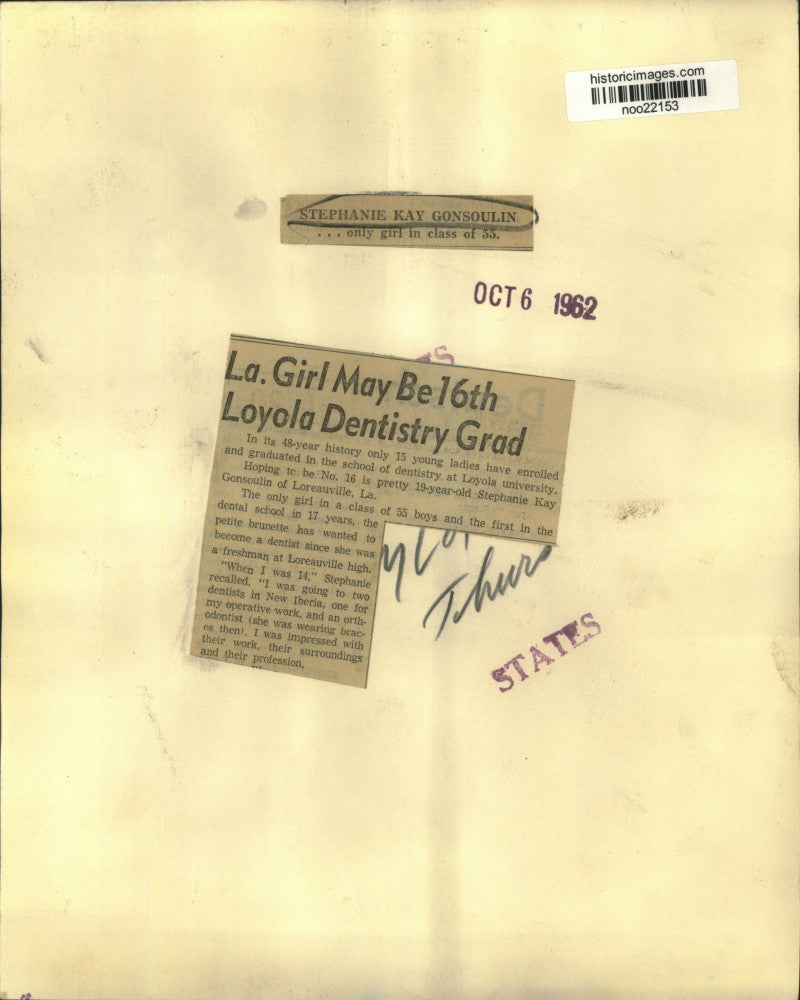 1962 Press Photo Stephanie Kay Gonsoulin 16th Girl in Loyola Dentistry School