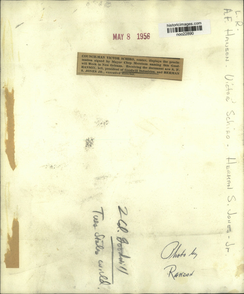 1956 Press Photo Councilman Victor Schiro & A.F. Hanson, Goodwill Industries