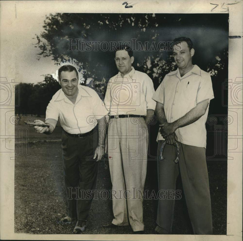 Load image into Gallery viewer, 1950 Press Photo Attendees enjoy horseshoe pitching at Radio-TV Assn. outing
