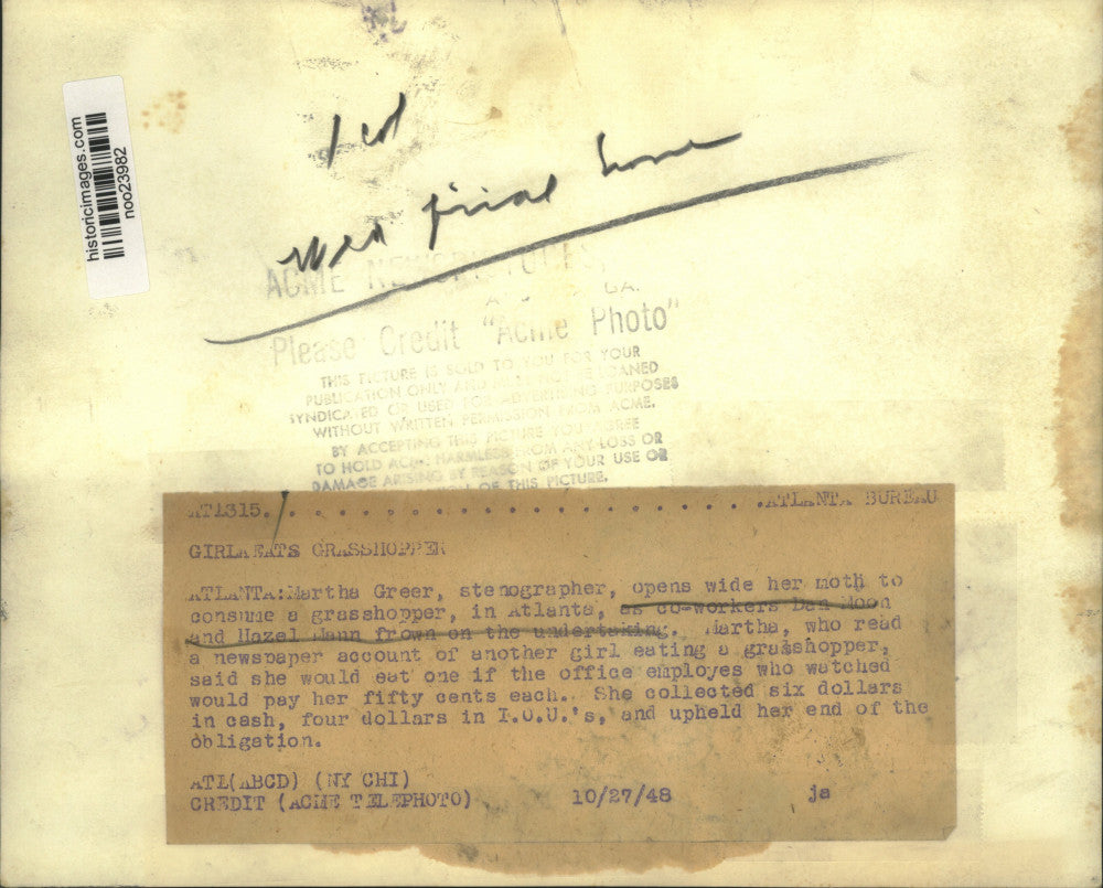 1948 Press Photo Martha Greer prepares to eat a grasshopper - noo23982