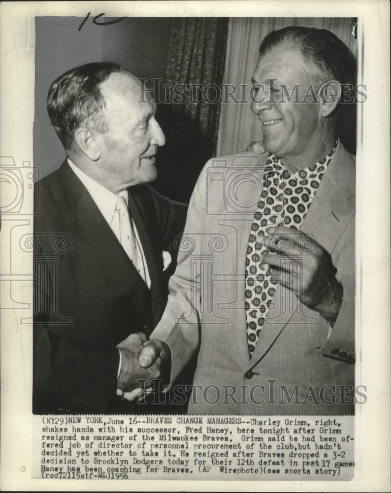 1956 Press Photo Milwaukee Braves Manager Charley Grimm &amp; Successor Fred Haney- Historic Images