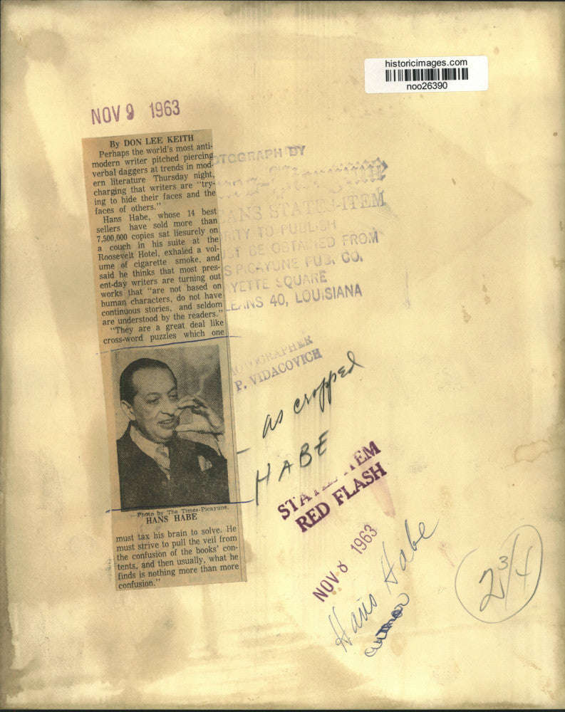 1963 Press Photo Hans Habe, author, at Roosevelt Hotel in New Orleans