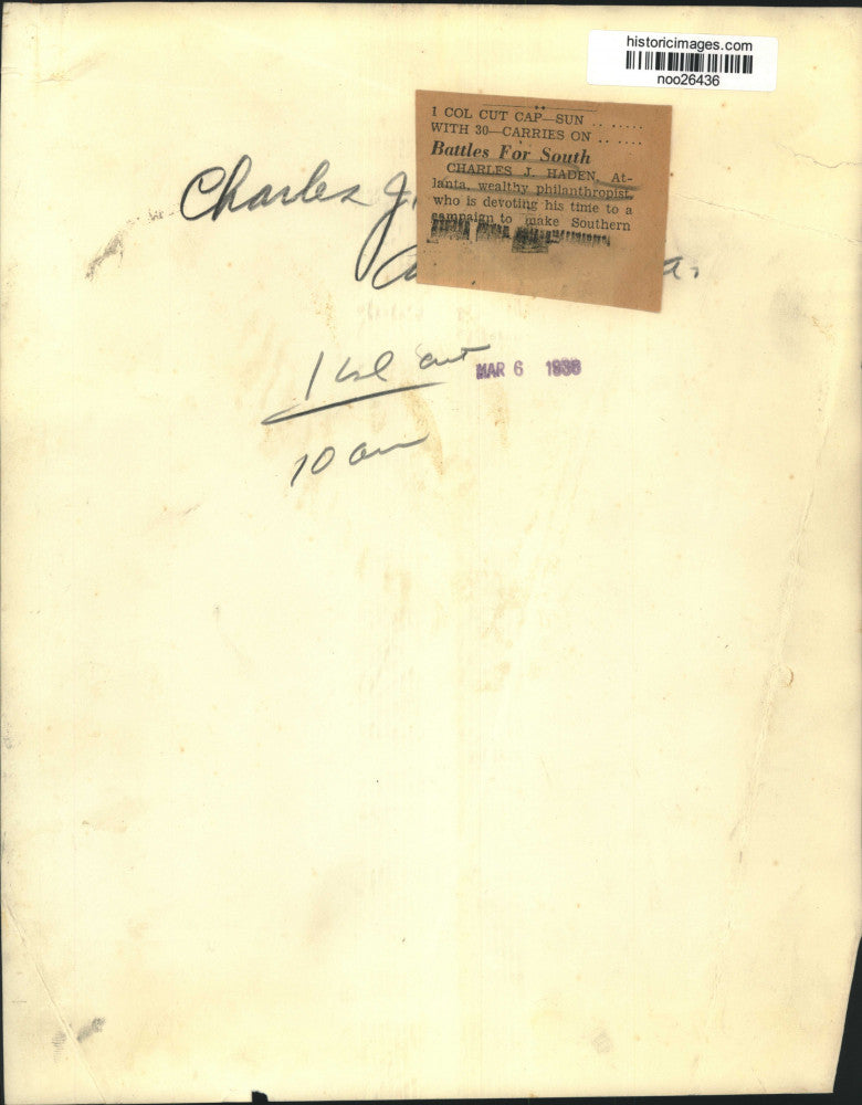 1938 Press Photo Charles J. Haden, wealthy philanthropist - noo26436