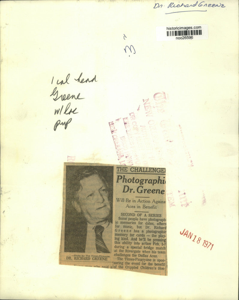 1871 Press Photo Dr. Richard Greene, to play at a Rivergate bridge match