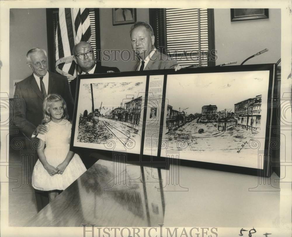 1965 Press Photo Gretna Mayor William J. White with Charcoal Drawings from 1908