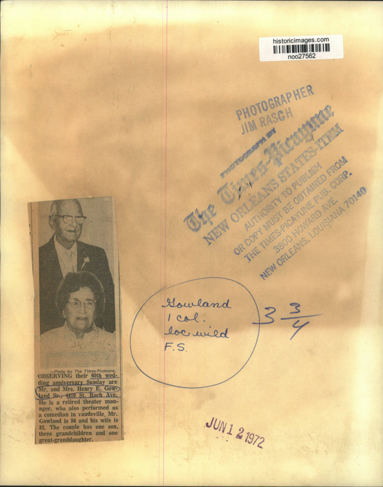 1972 Press Photo Mr. and Mrs. Henry E. Gowland Sr.'s 60th wedding anniversary