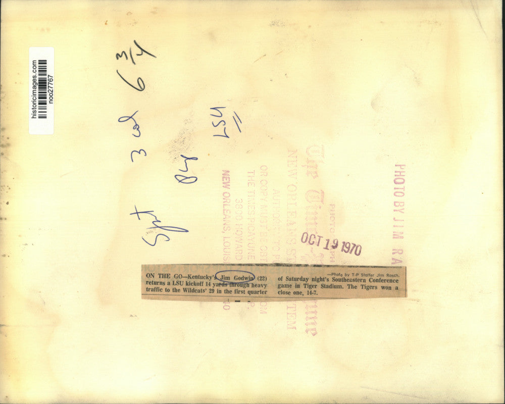 1970 Press Photo Kentucky's Jim Godwin (22) returns a LSU kickoff 14 yards