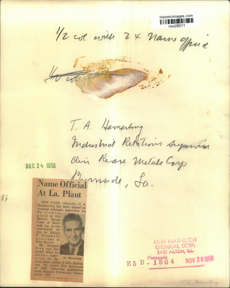 1956 Press Photo T.A. Hermerling, supervisor at Olin Revere Metals, Burnside LA