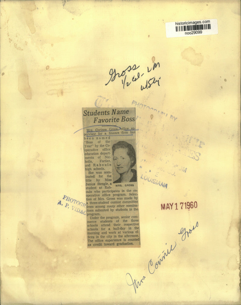 1960 Press Photo Mrs. Corinne Gross, "Boss of the Year" Award Winner - noo29099