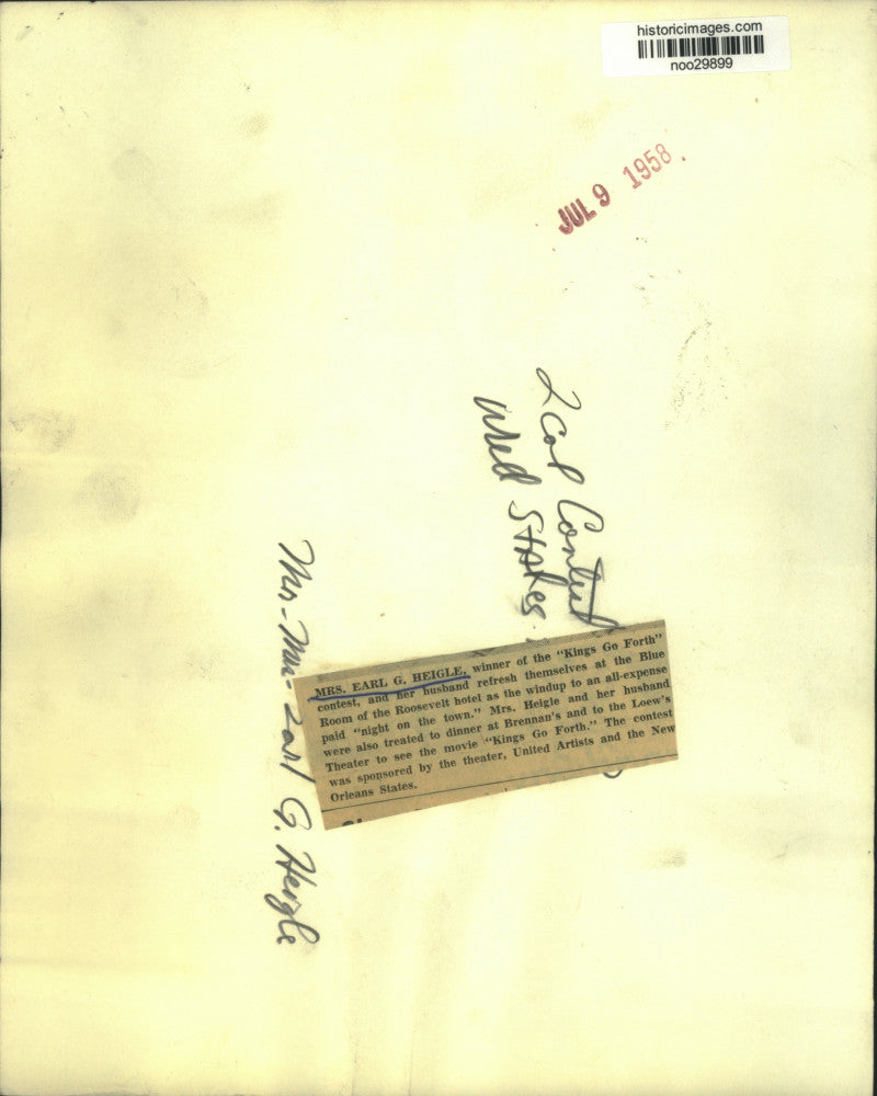 1958 Press Photo Mrs. Earl G. Heigle, winner of the "King Go Forth" contest