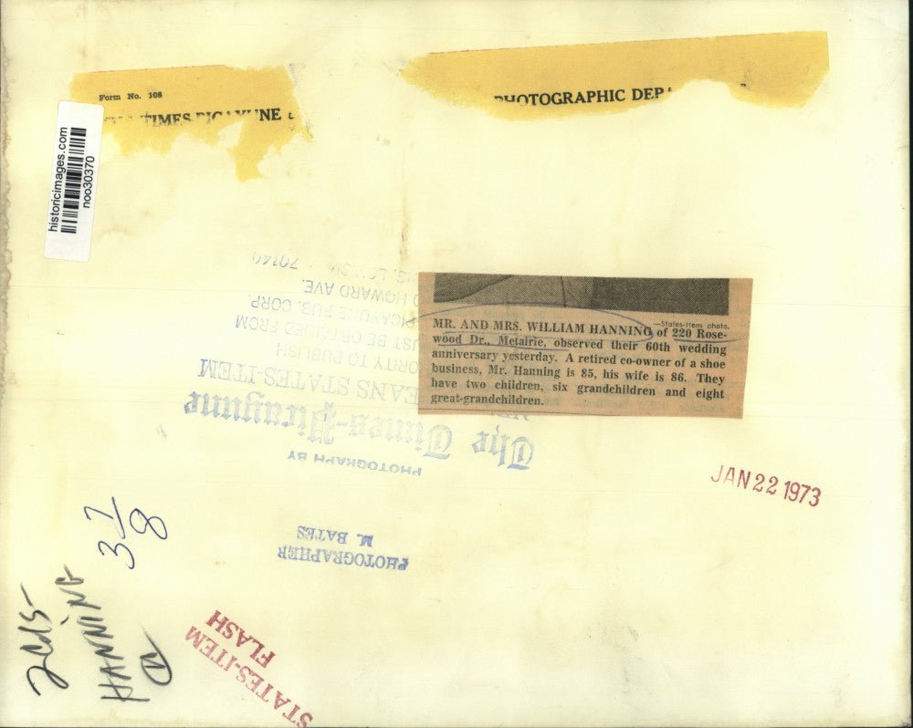 1973 Press Photo Mr. and Mrs. William Hanning celebrate 60th Wedding Anniversary