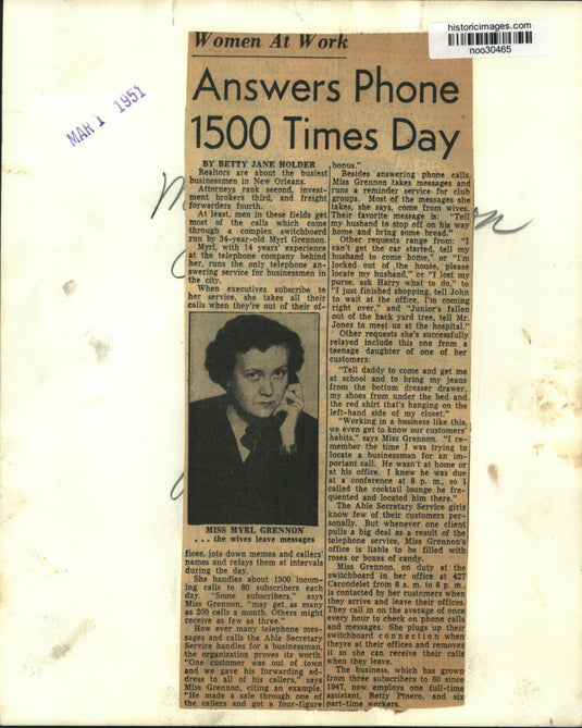 1951 Press Photo Myrl Grennon, owner and operator of a messaging service company