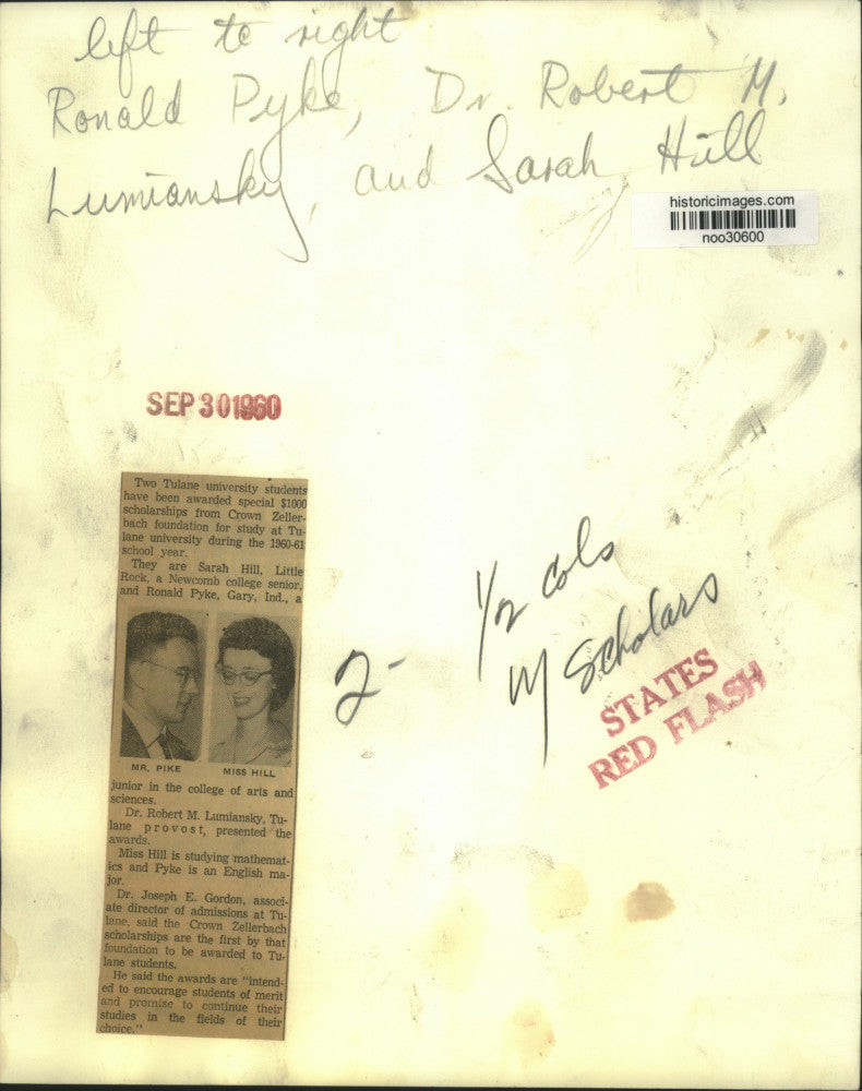 1960 Press Photo Sarah Hill & Ronald Ryke- Crown Zellerbach foundation scholars