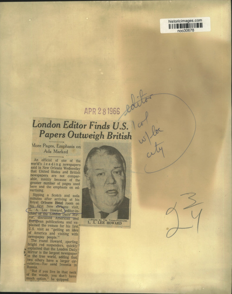 1966 Press Photo L.A. Lee Howard, editor-in-chief of the London Daily Mirror