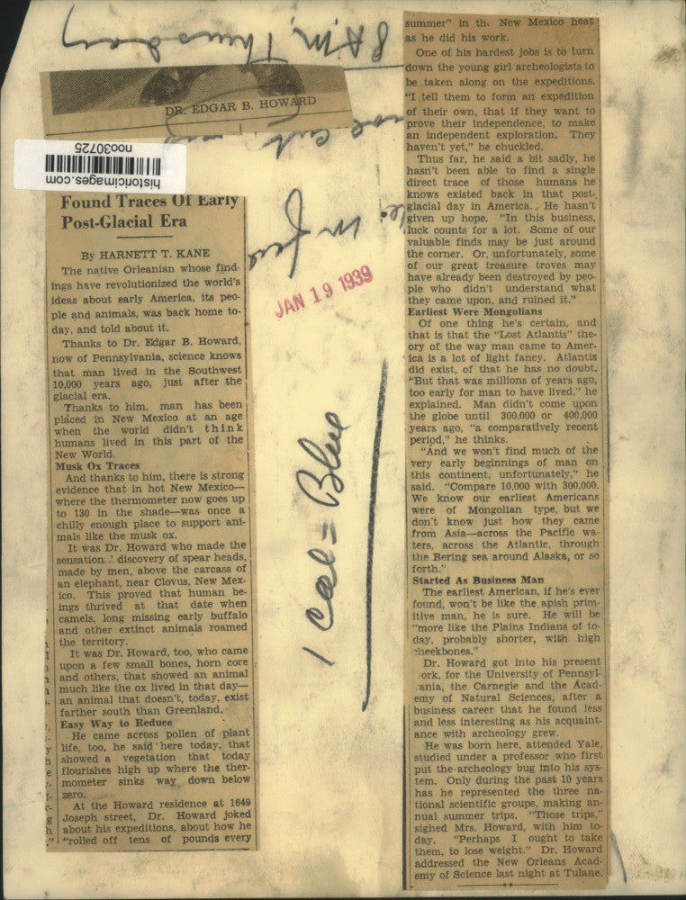 1939 Press Photo Dr. Edgar B. Howard, Found traces of Early Post-Glacial Era