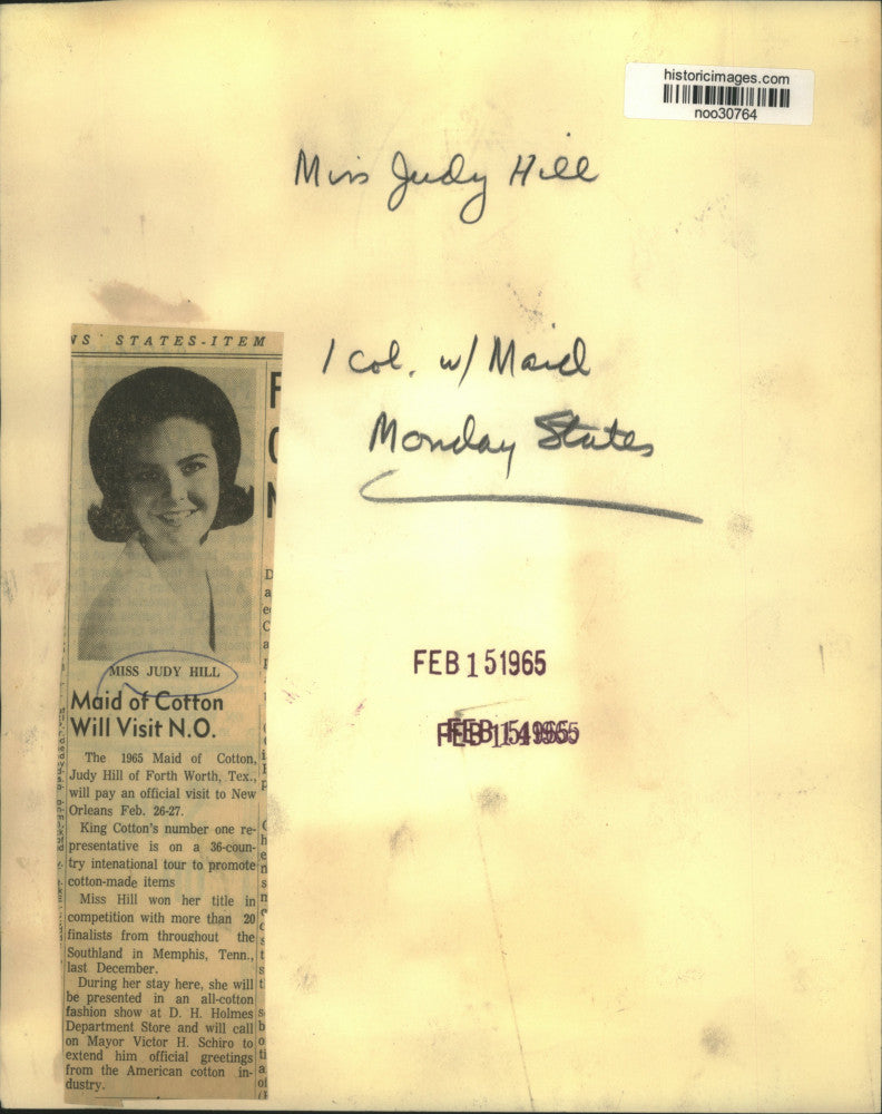 1965 Press Photo Maid of Cotton Judy Hill - noo30764
