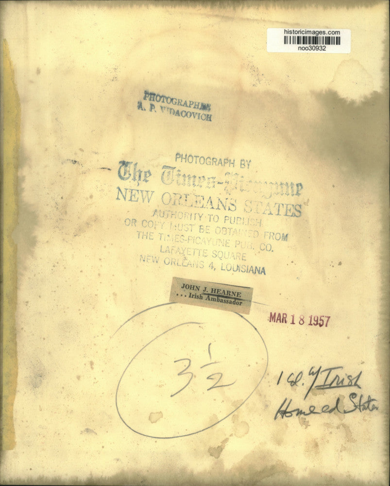 1957 Press Photo John J. Hearne, Irish Ambassador - noo30932