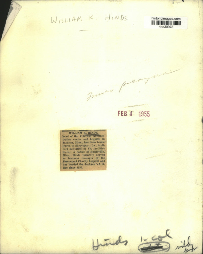 1955 Press Photo Veterans Administration Director William K. Hinds - noo30978