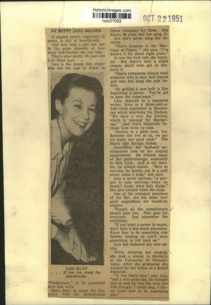 1951 Press Photo Opera Singer Lois Hunt - noo31002
