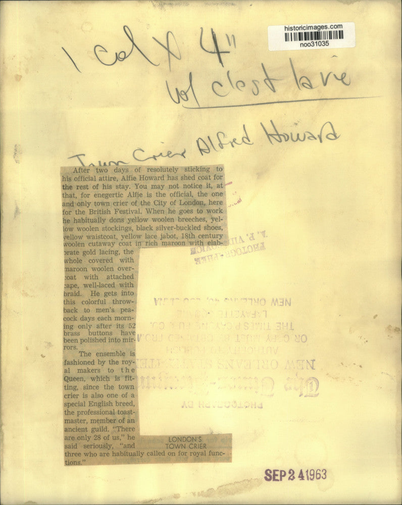 1963 Press Photo Town Crier Alfred Howard of City of London, British Festival