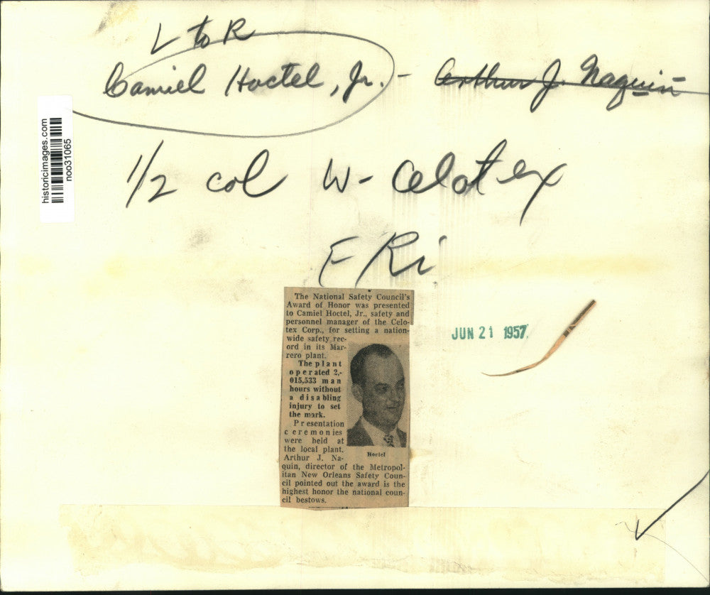 1957 Press Photo Camiel Hoctel recipient of the National Safety Council's Award