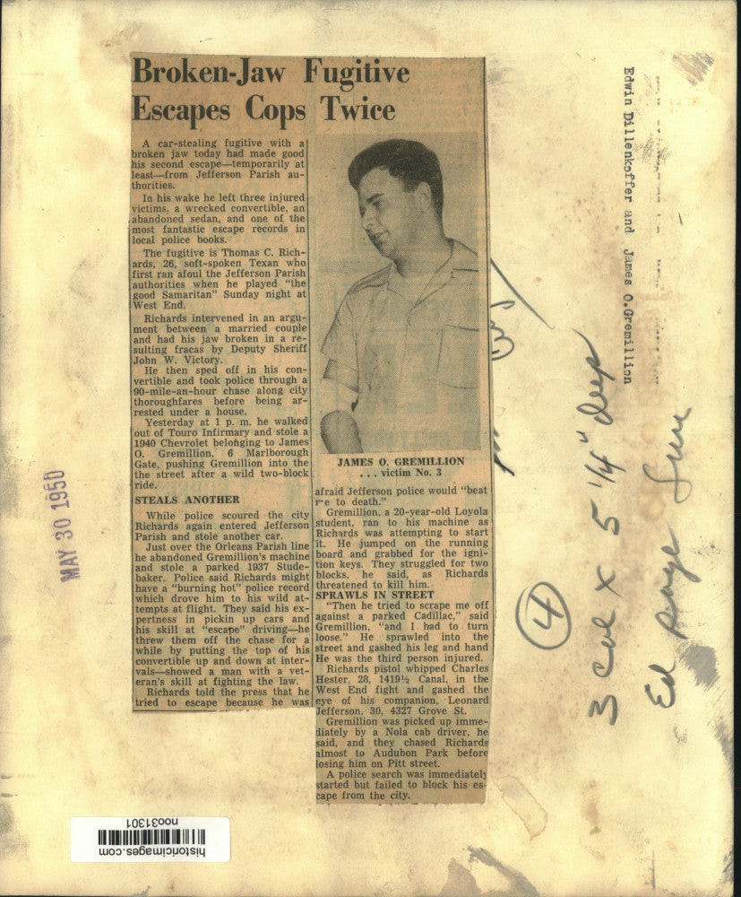 1950 Press Photo James Gremillion, tried to apprehend Jefferson Parish Fugitive