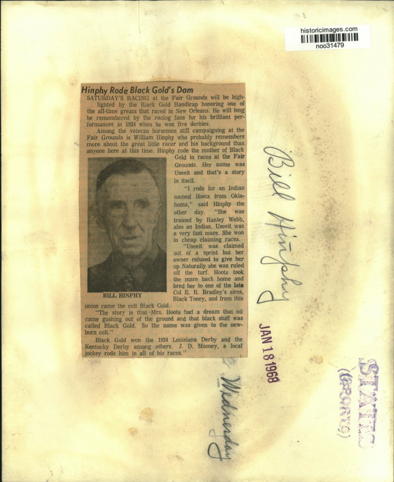 Load image into Gallery viewer, 1968 Press Photo William Hinphy, Legendary jockey of Useeit at the Fair Grounds
