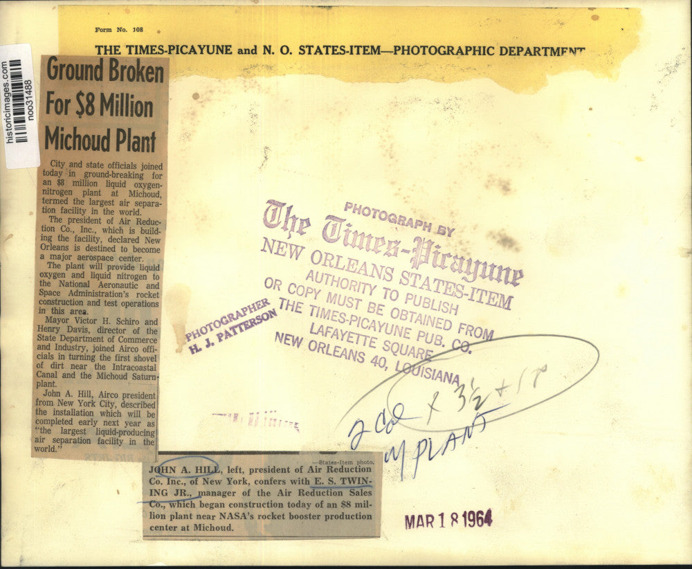 1964 Press Photo John A. Hill & E.S. Twining Jr., groundbreaking Michoud Plant