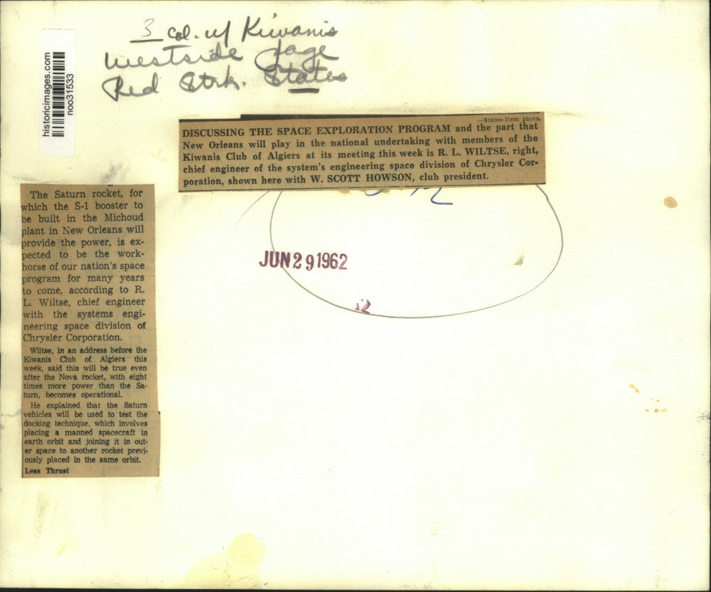 1962 Press Photo R.L. Wiltse & W. Scott Howson, Kiwanis Club Algiers