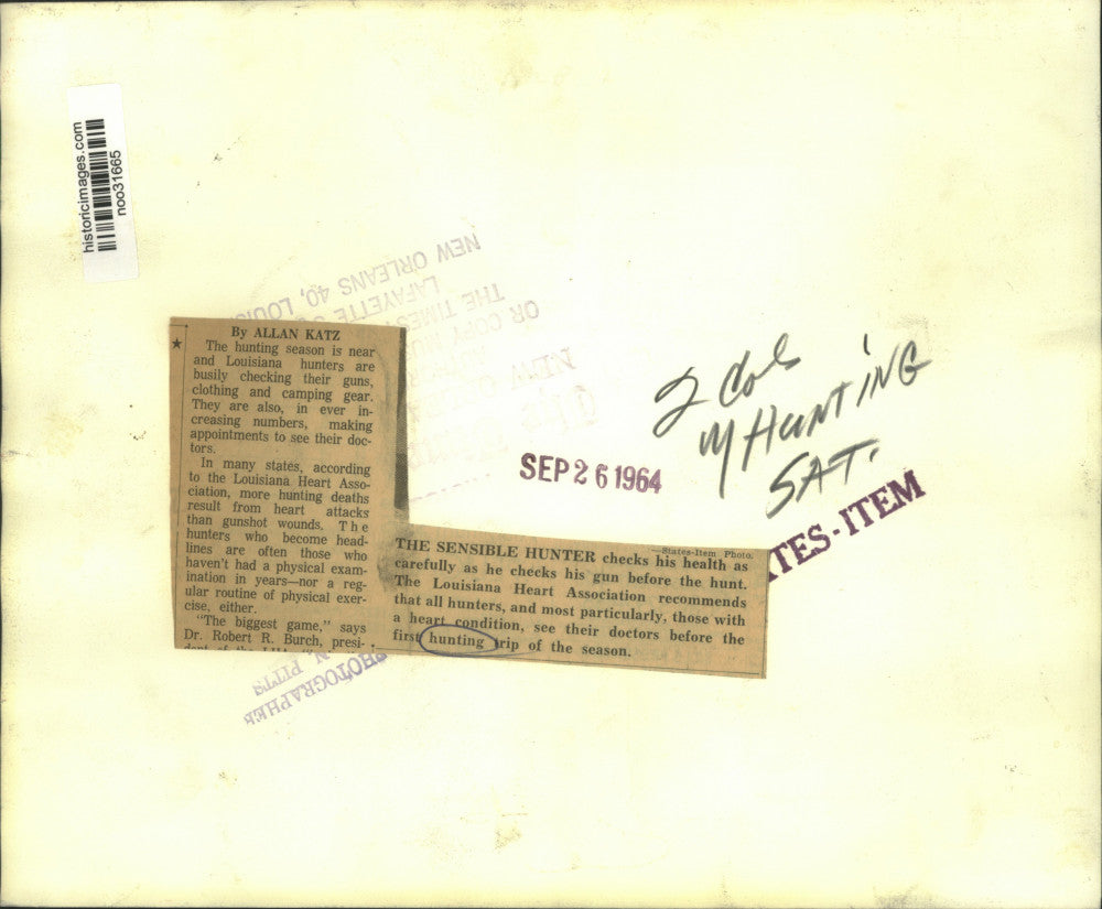 1964 Press Photo Louisiana Heart Association recommends Check-up for Hunters