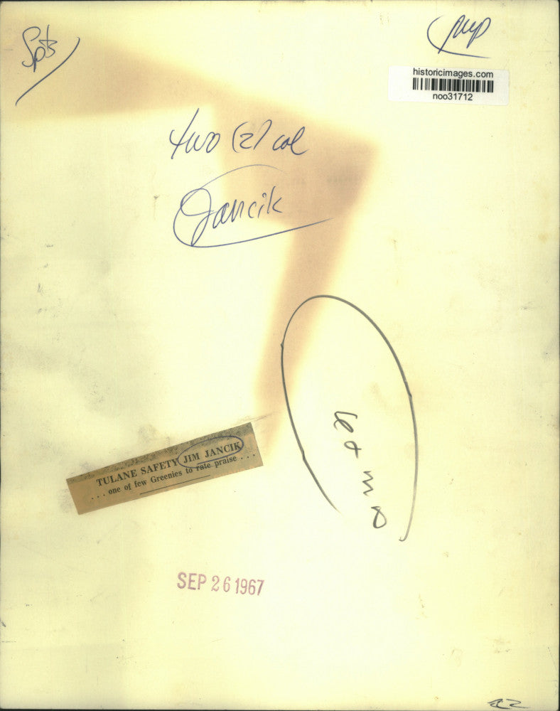 1967 Press Photo Tulane Safety Jim Jancik - noo31712