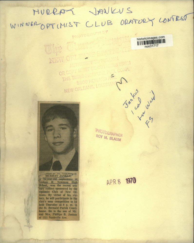 1970 Press Photo Murray Jankus, Winner- Optimist Club Oratory Contest.