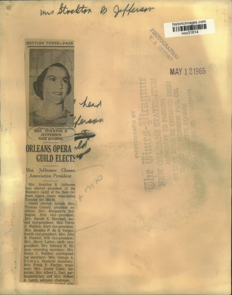 Load image into Gallery viewer, 1965 Press Photo Mrs. Stockton B. Jefferson, Women's Guild- New Orleans Opera
