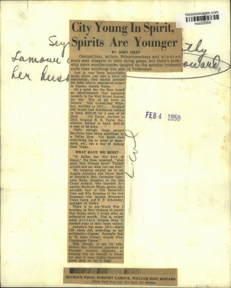 1950 Press Photo Seymour Weiss, Dorothy Lamour, William Ross Howard Wine Tasting