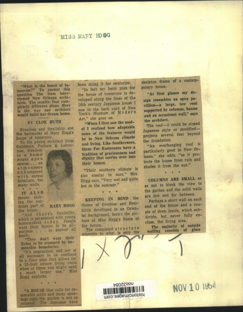1954 Press Photo Architect Miss Mary Hogg of New Orleans - noo32084