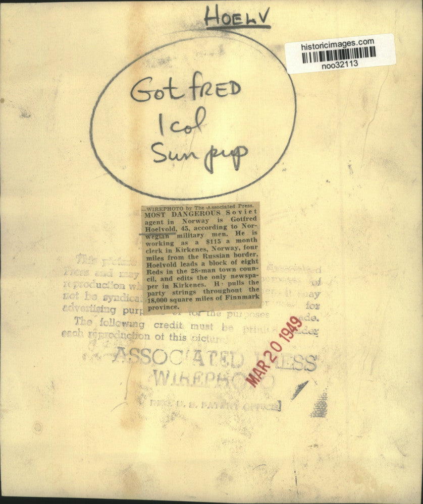 1949 Press Photo Gotfred Hoelvold, Most Dangerous Soviet Agent in Norway