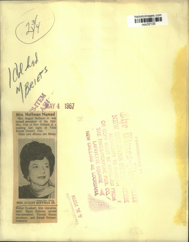 1967 Press Photo Mrs. August Hoffman Jr., President, Opit-Mrs. Club, New Orleans