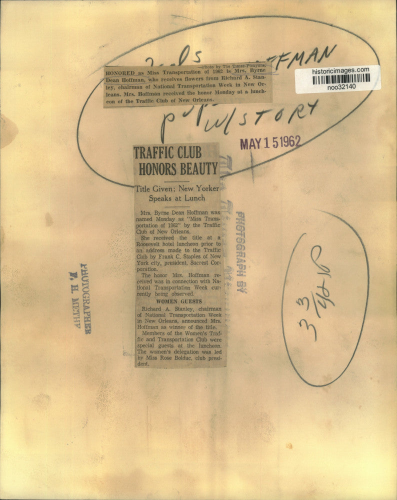 1962 Press Photo Mrs. Byrne Dean Hoffman Honored as Miss Transportation of 1962