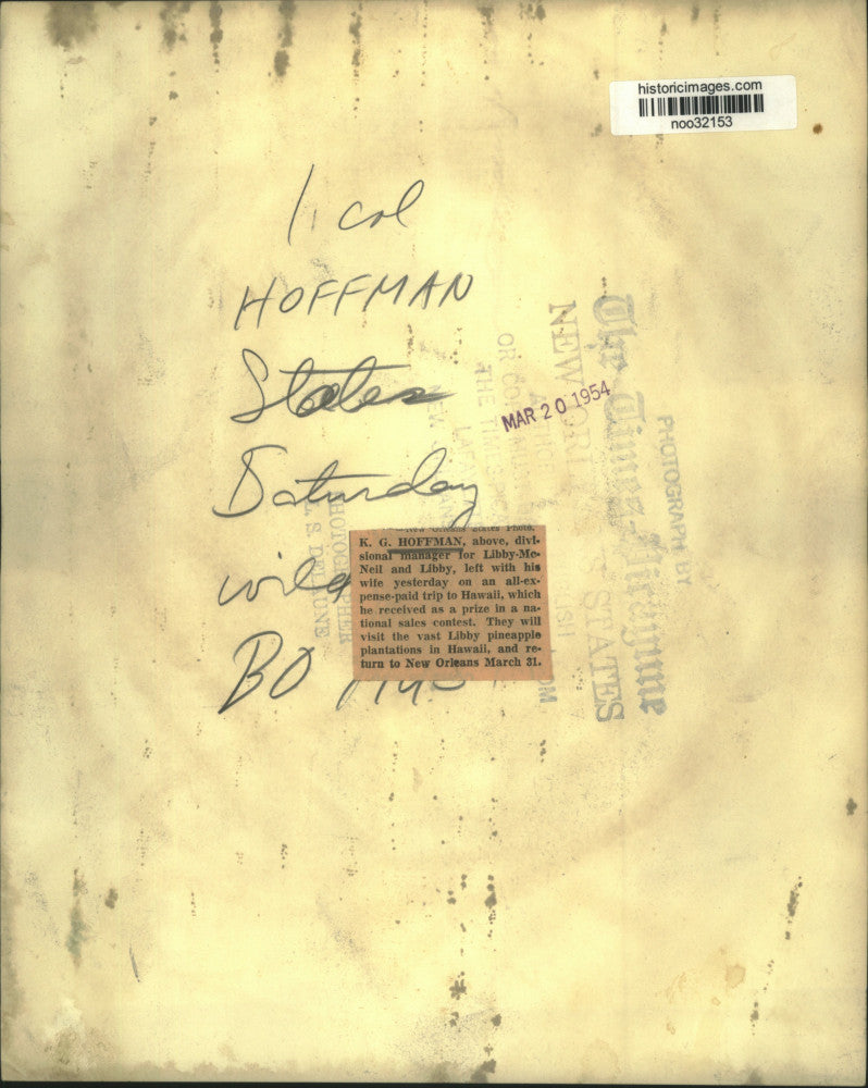 1954 Press Photo K. G. Hoffman and wife won all-expense-paid trip to Hawaii