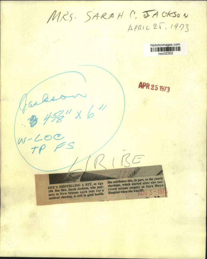 1973 Press Photo Mrs. Sarah Jackson, 106, visits New Orleans to see doctor