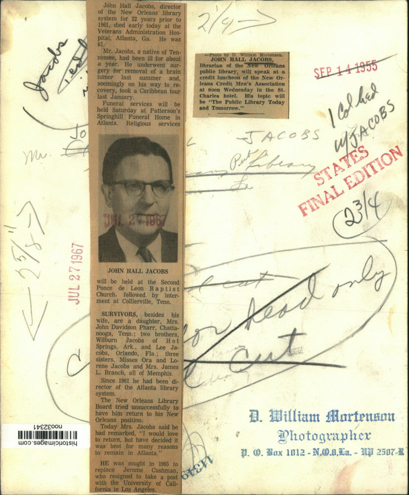 1955 Press Photo John Hall Jacobs, librarian of the New Orleans public library