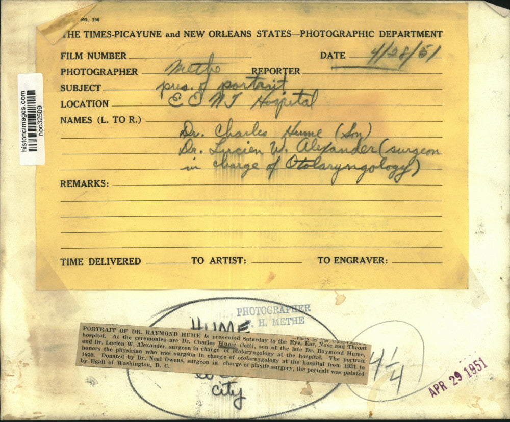 1951 Press Photo Portrait Presented to Eye, Ear, Nose and Throat Hospital