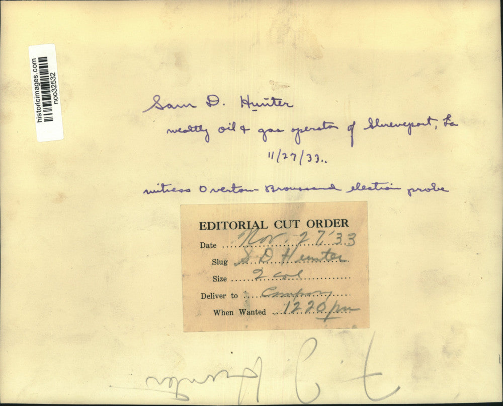 1933 Press Photo Sam D. Hunter, watches over election probe - noo32532