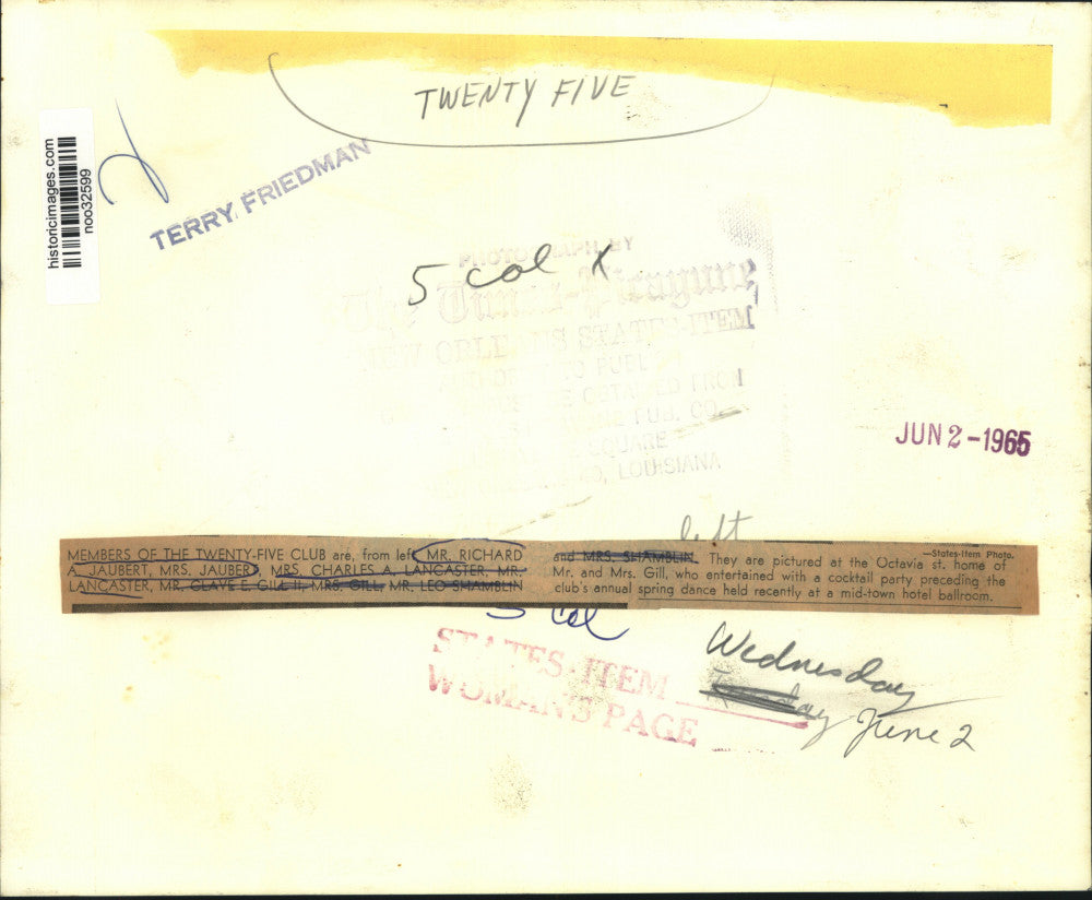 1965 Press Photo Members of the Twenty-Five Club at Party - noo32599