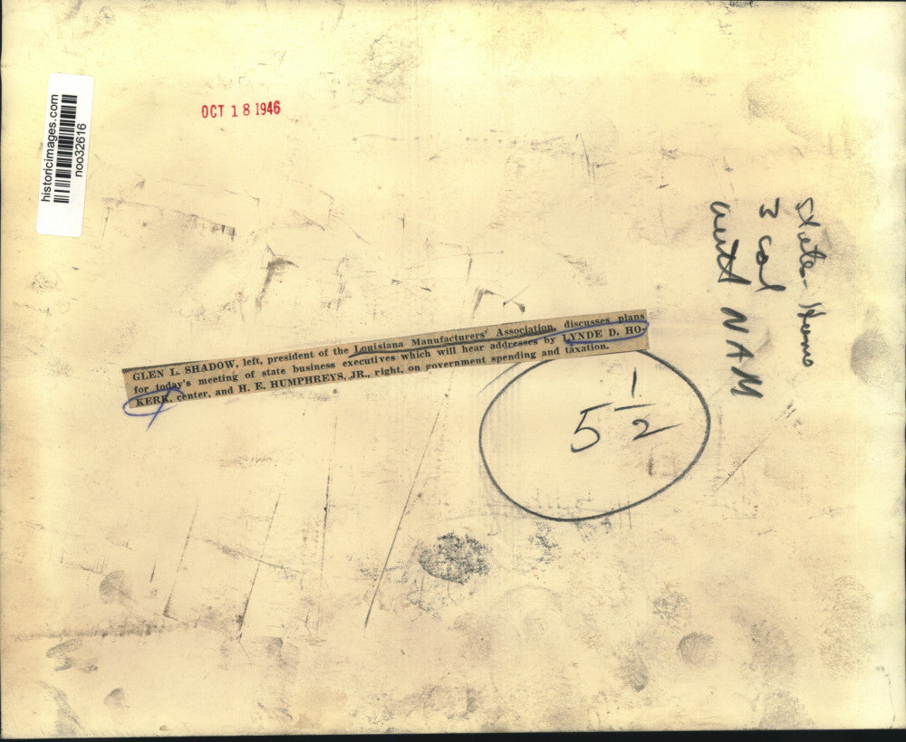 1946 Press Photo Glen L. Shadow, Louisiana Manufacturer's Association President