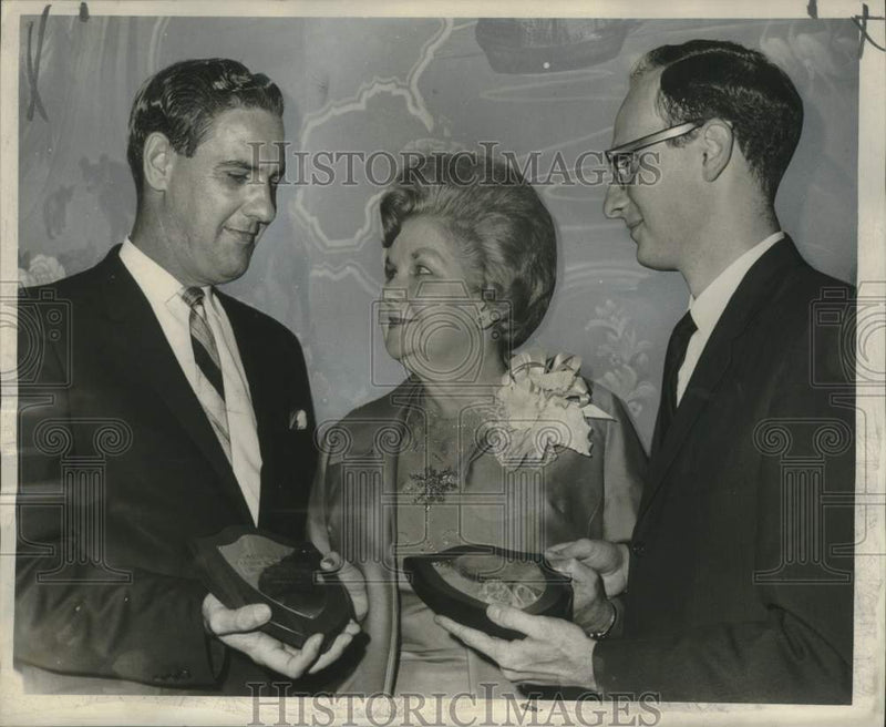 Load image into Gallery viewer, 1966 Press Photo Gary Hymel &amp; Ronald B. Rea honored by Mrs. Erin Favalora- PBX

