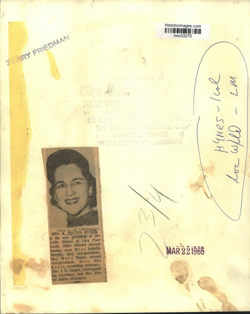 1965 Press Photo Mrs. T Milton Hynes, President-Little Sisters of the Poor Guild