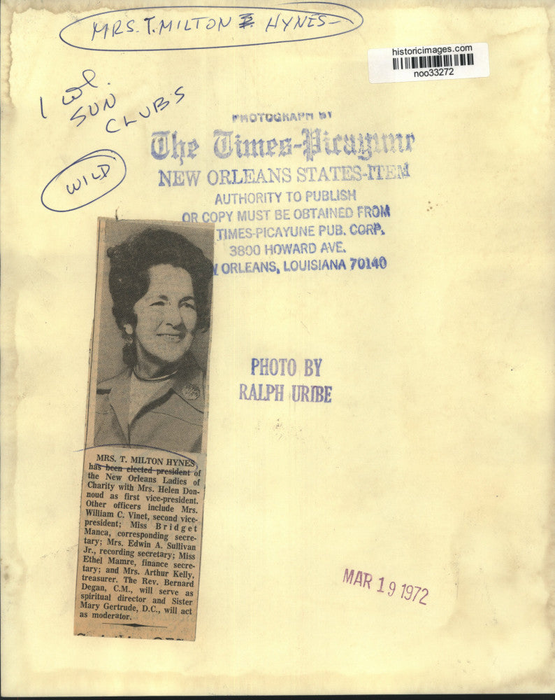 1972 Press Photo Mrs. T. Milton Hynes, President- New Orleans Ladies of Charity