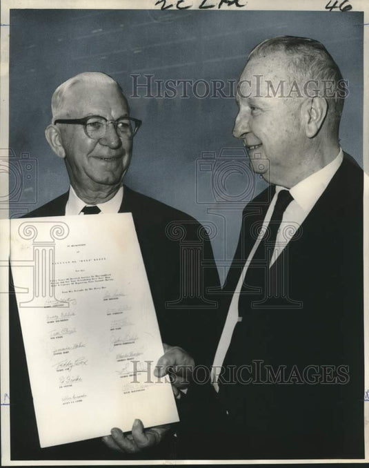 1965 Press Photo Bill Keefe honored by Harry Martinez- New Orleans States-Item