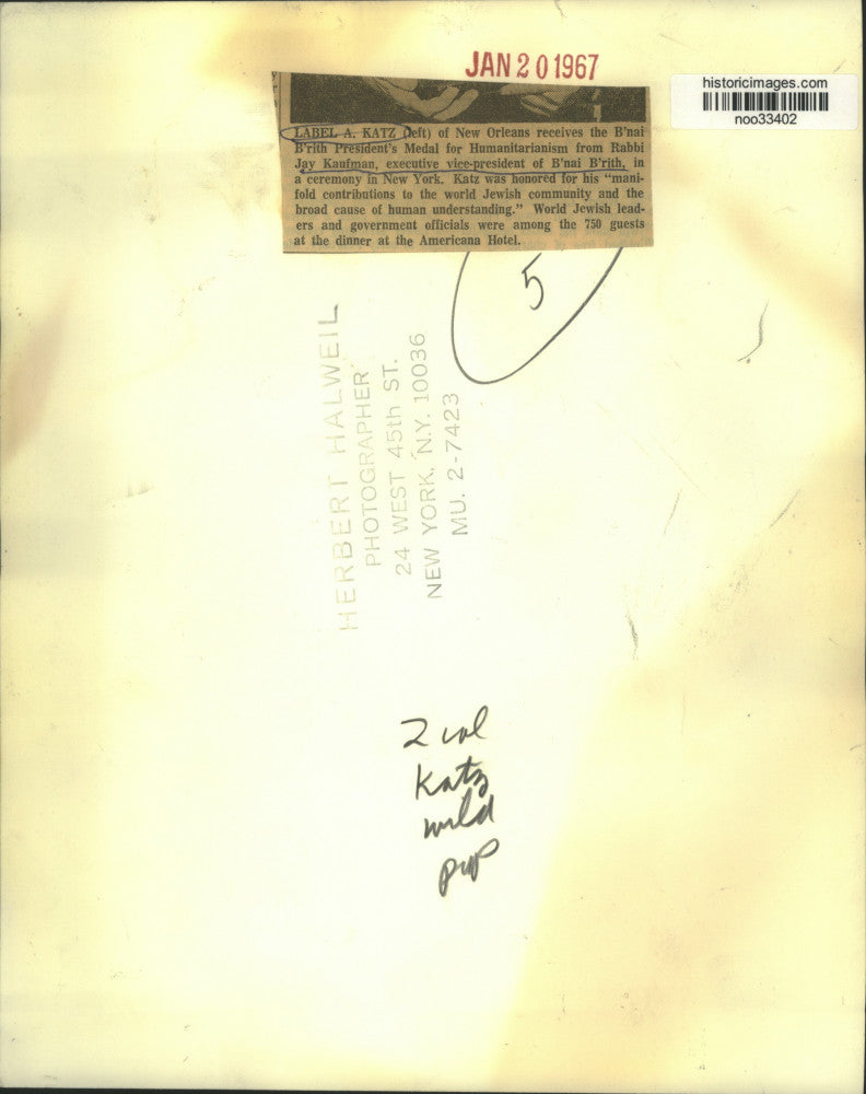 1967 Press Photo Label A. Katz of New Orleans is honored by B'nai B'rith